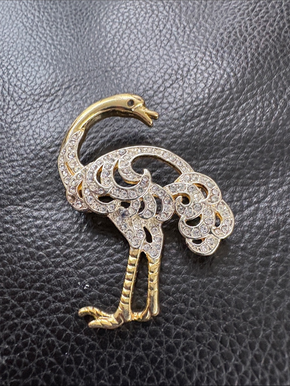 Vintage  Gold Tone Crystal Ostrich Brooch - Sparkling Statement Piece 1960s